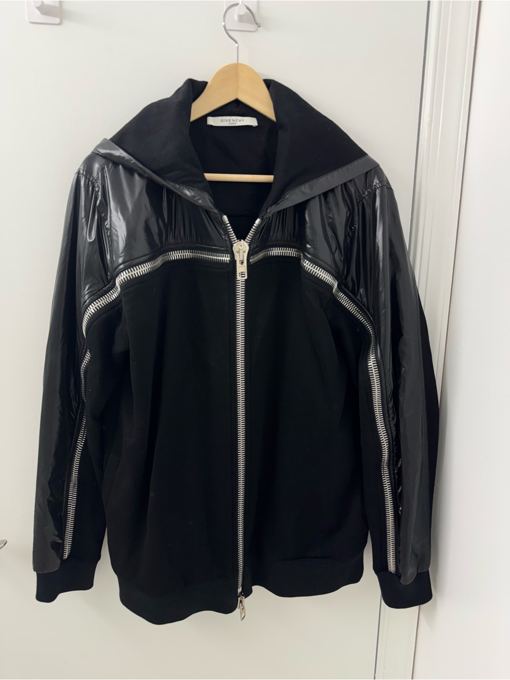 Givenchy Black Zip-Front Hooded Bomber with Gloss Panels